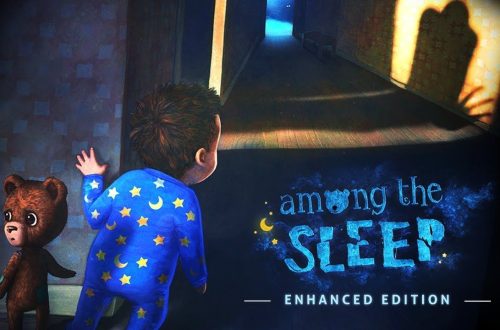 Among the Sleep banner with child looking down corridor